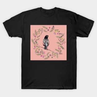 American Robin with Flower Wreath and coral background T-Shirt